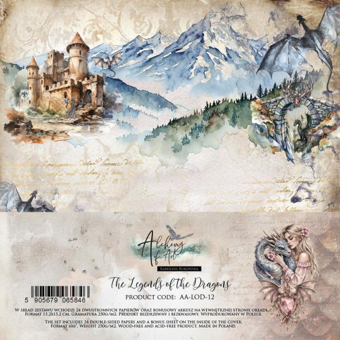 Ensemble de 24 feuilles, 15x15cm, collection : The legends of the dragons, 250gsm 