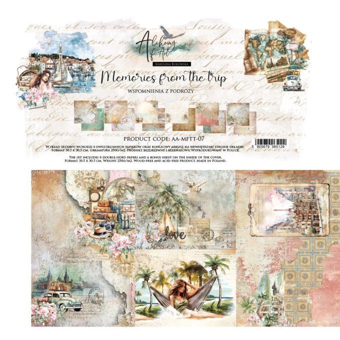 Ensemble de 6 feuilles, 30x30cm, collection : Memories from the trip, 250gsm