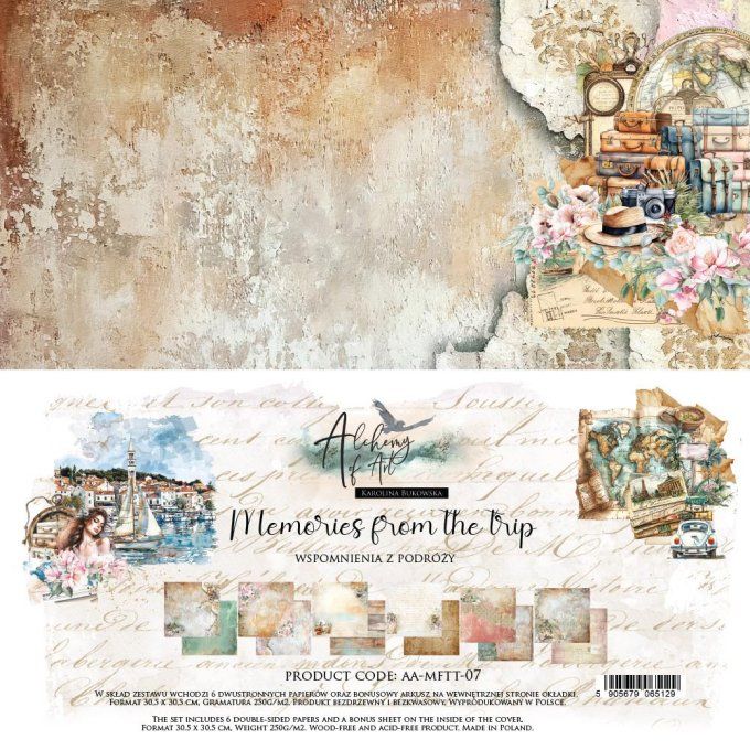 Ensemble de 6 feuilles, 30x30cm, collection : Memories from the trip, 250gsm