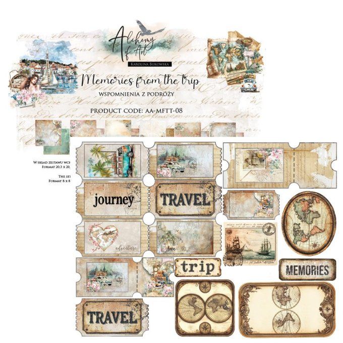 Ensemble de 12 feuilles, 20x20cm, collection : Memories from the trip, 190gsm