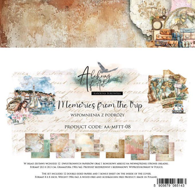 Ensemble de 12 feuilles, 20x20cm, collection : Memories from the trip, 190gsm
