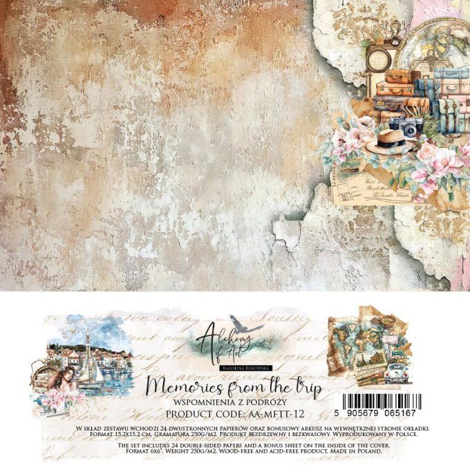 Ensemble de 24 feuilles, 15x15cm, collection : Memories from the trip, 250gsm