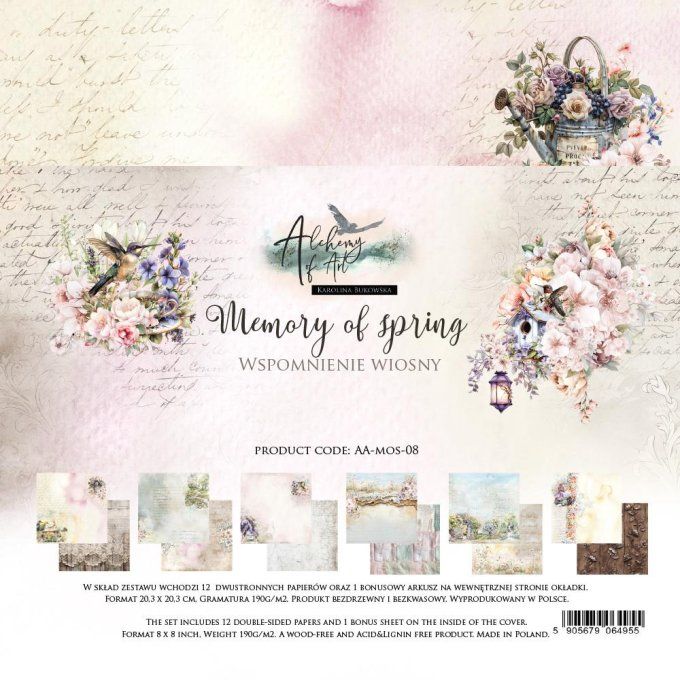Ensemble de 12 feuilles, 20x20cm, collection : Memory of spring, 250gsm