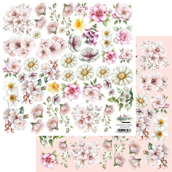 Feuille à l'unité, 30x30cm, Memory of spring, Flowers, 250g,motifs recto, éléments à découper
