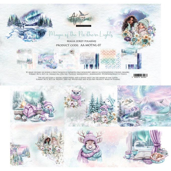 Ensemble de 6 feuilles, 30x30cm, collection : Magic of the northern lights, 250gsm