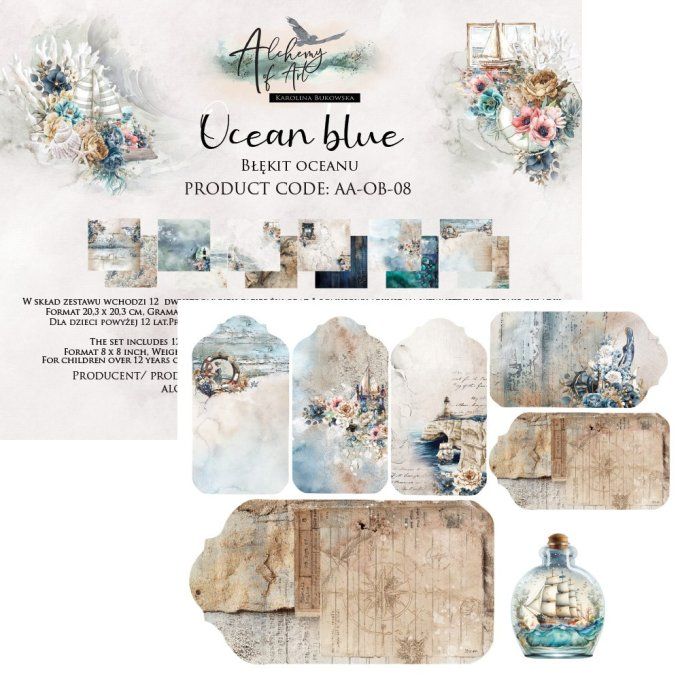 24 feuilles, 20x20cm, collection : Ocean blue - 190gsm