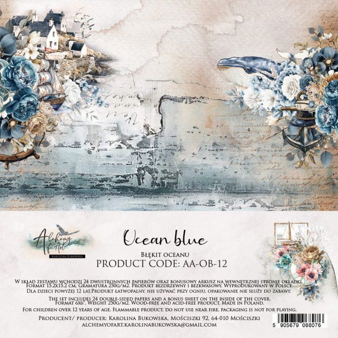 24 feuilles, 15x15cm, collection : Ocean blue - 250gsm