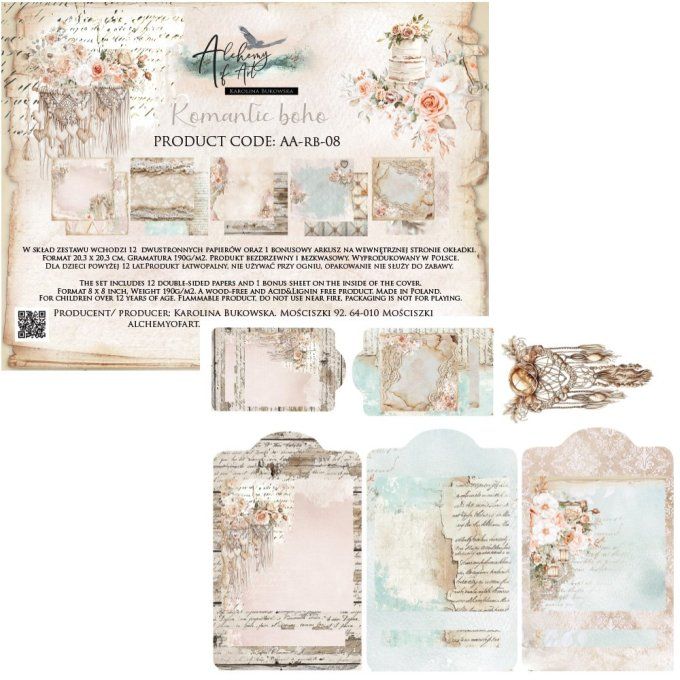 24 feuilles, 20x20cm, collection : Romantic Boho - 190gsm