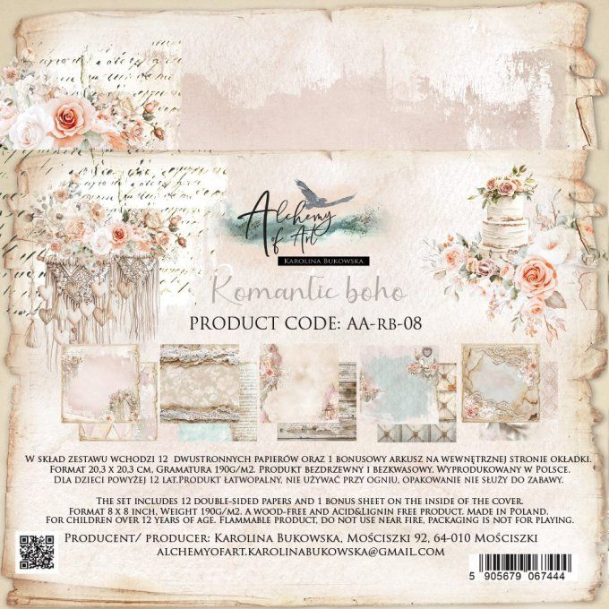 24 feuilles, 20x20cm, collection : Romantic Boho - 190gsm