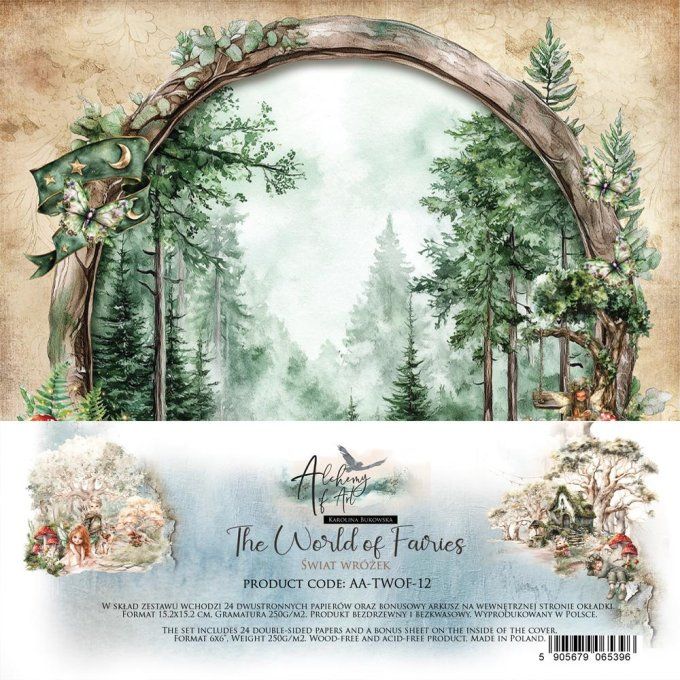 Ensemble de 24 feuilles, 15x15cm, collection : The world of fairies, 250gsm