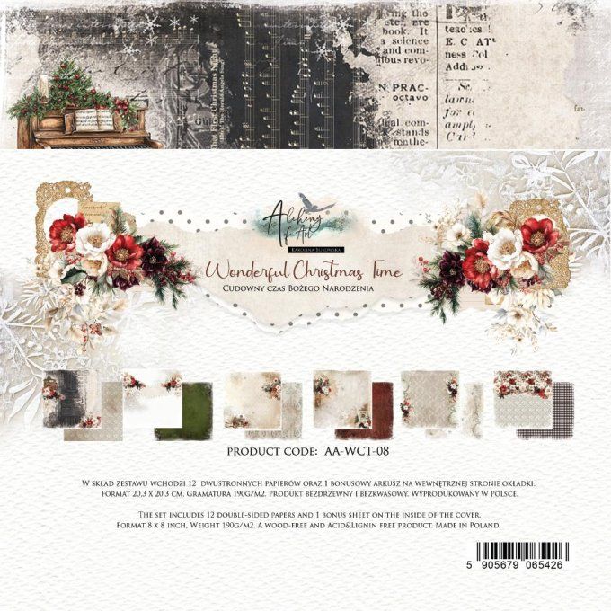Ensemble de 12 feuilles, 20x20cm, collection : Wonderful christmas time, 190gsm