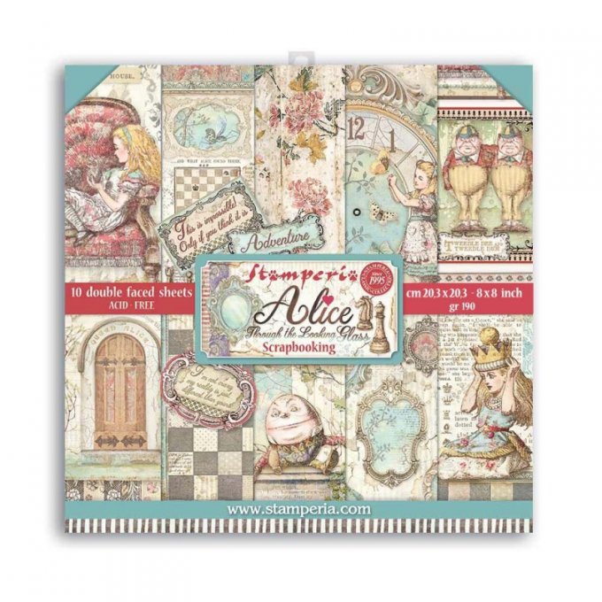 Collection ALICE THROUGH THE LOOKING GLASS, 20x20cm - 10 feuilles motif recto verso - Stamperia