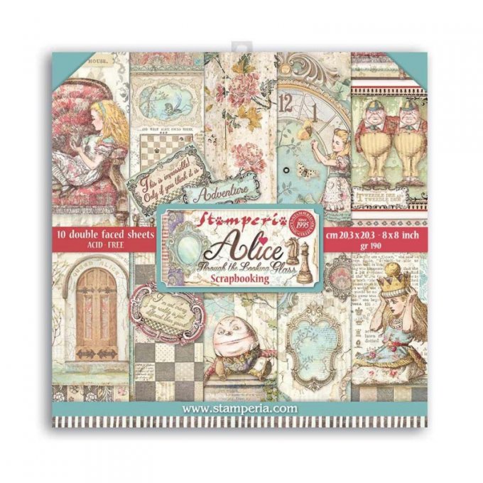 Collection ALICE THROUGH THE LOOKING GLASS, 20x20cm - 10 feuilles motif recto verso - Stamperia