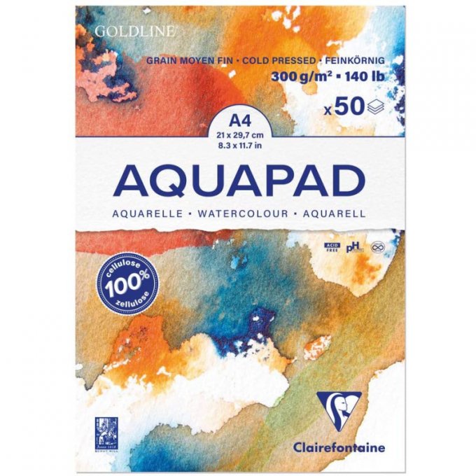 Bloc de 50 feuilles, Aquapad format A4 - 300g - pour aquarelle - blanc, Clairefontaine