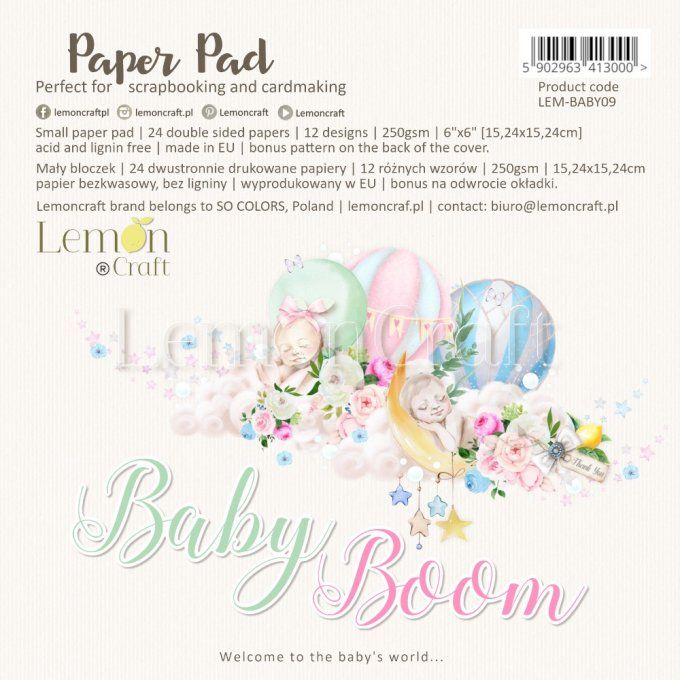 LemonCraft - Bloc de 24 feuilles, 15x15 - Collection : Baby boom - 12 designs 