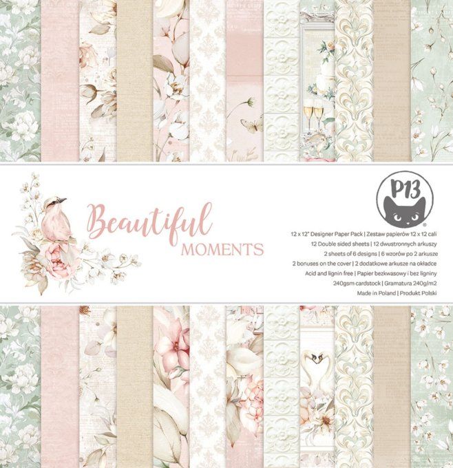 Ensemble de 12 feuilles, format 30.5x30.5cm, P13, Beautiful moments, motif recto verso