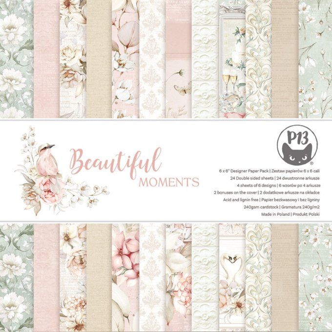 Ensemble de 12 feuilles, format 15x15cm, P13, Beautiful moments, motif recto verso 