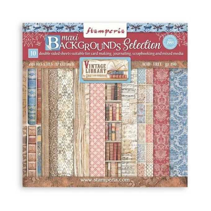 Collection Vintage library, Background, 30x30cm - 10 feuilles motif recto verso - Stamperia - 190g