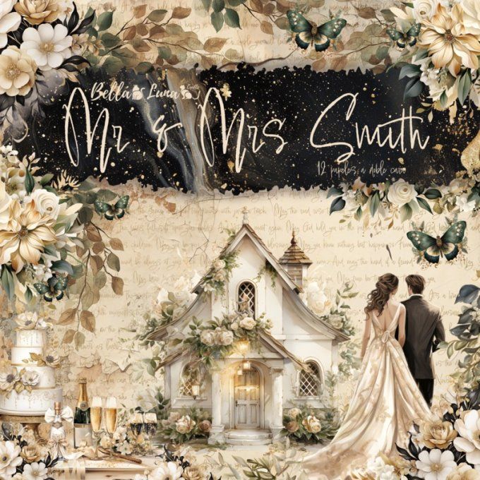 Ensemble de 12 feuilles motif recto verso, 30x30 - Mr & Mrs Smith - BellaLuna crafts