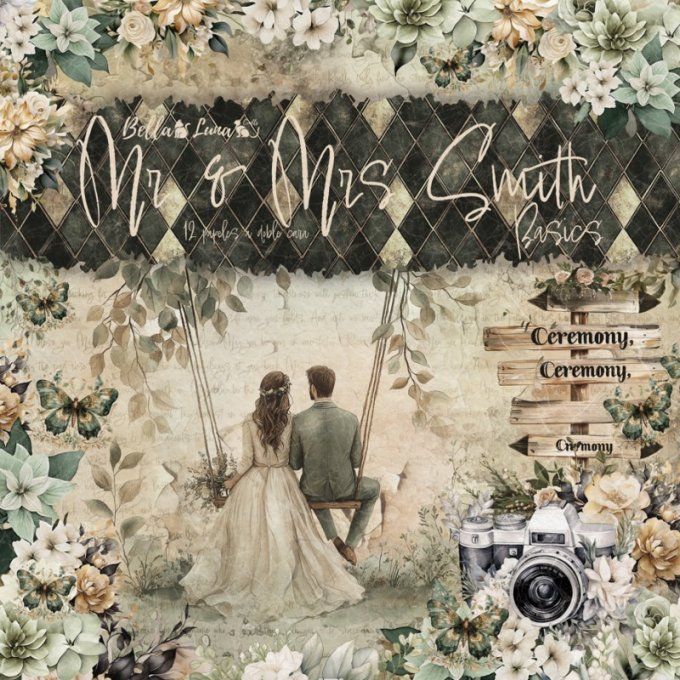 Ensemble de 12 feuilles motif recto verso, 30x30 - Mr & Mrs Smith, basic - BellaLuna crafts 