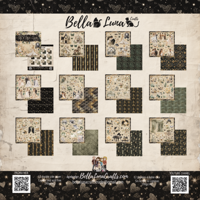 Ensemble de 12 feuilles motif recto verso, 20x20 - Mr & Mrs Smith, cut-outs - BellaLuna crafts