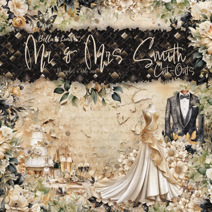 Ensemble de 12 feuilles motif recto verso, 20x20 - Mr & Mrs Smith, cut-outs - BellaLuna crafts