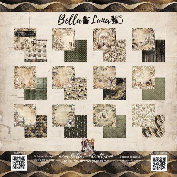 Ensemble de 12 feuilles motif recto verso, 20x20 - Mr & Mrs Smith - BellaLuna crafts 