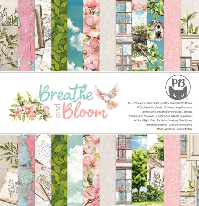 Ensemble de 12 feuilles, format 30.5x30.5cm, P13, Breathe and Bloom, motif recto verso