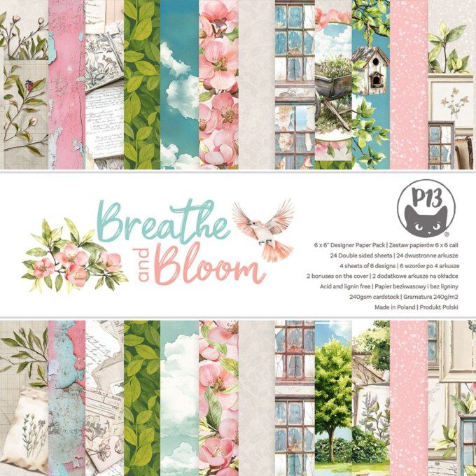 Ensemble de 12 feuilles, format 15x15cm, P13, Breathe and Bloom, motif recto verso