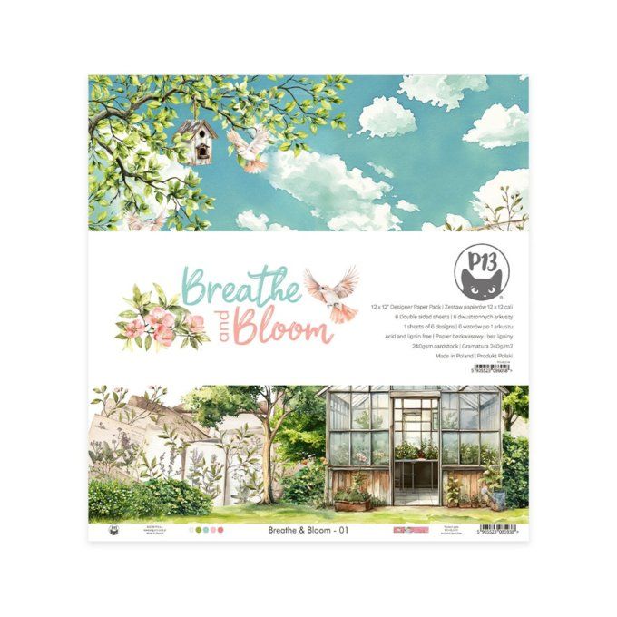 Ensemble de 6 feuilles, format 30.5x30.5cm, P13, Breathe and Bloom, motif recto verso