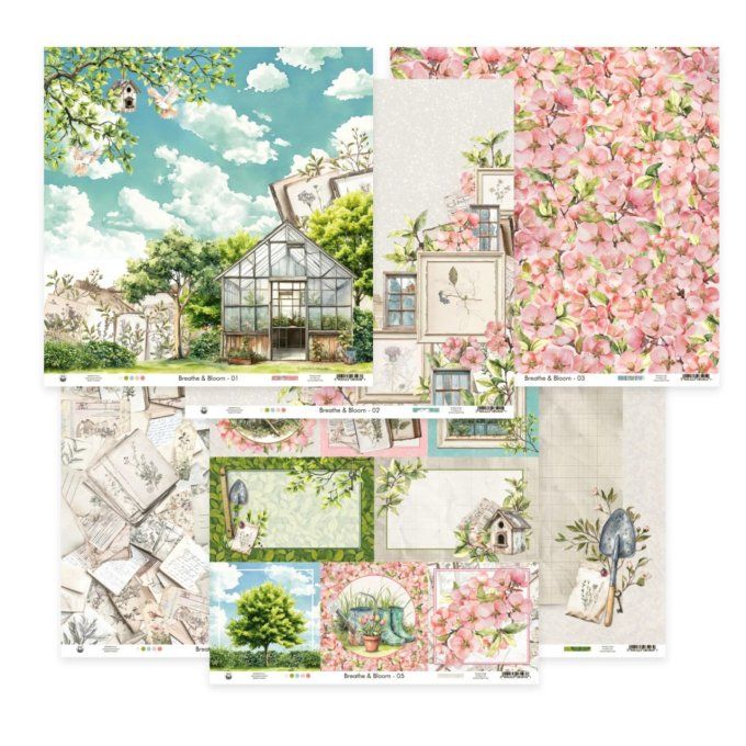 Ensemble de 6 feuilles, format 30.5x30.5cm, P13, Breathe and Bloom, motif recto verso