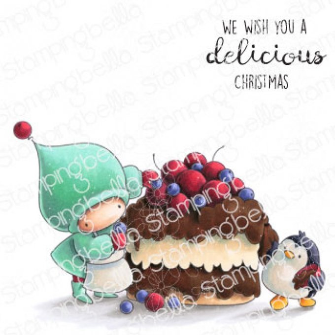 Tampon caoutchouc Stamping Bella, Bundle girl and penguin baking a cake - dimensions : 8x5.5cm env.