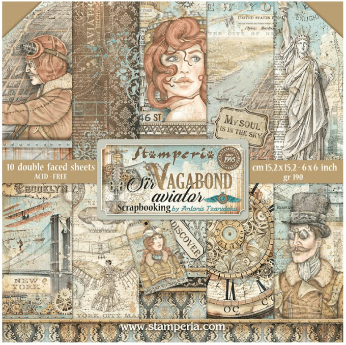 Collection Sir vagabond, aviator, 15x15cm - 10 feuilles motif recto verso - Stamperia - 190g