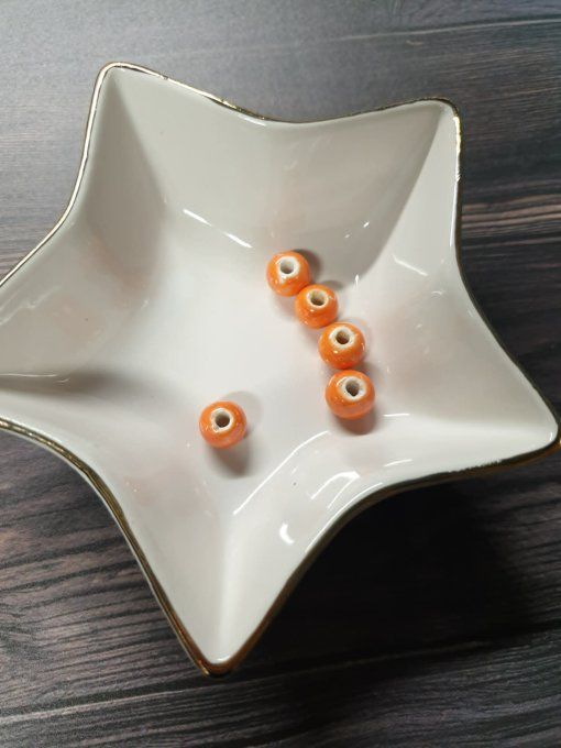 Perles en Porcelaine orange irisé, x5 - Diamètre 8mm