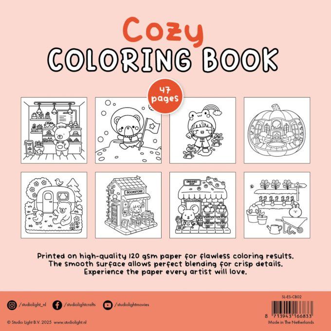 StudioLight - Cozy - Livre de coloriage, 47 pages - format 20x20cm