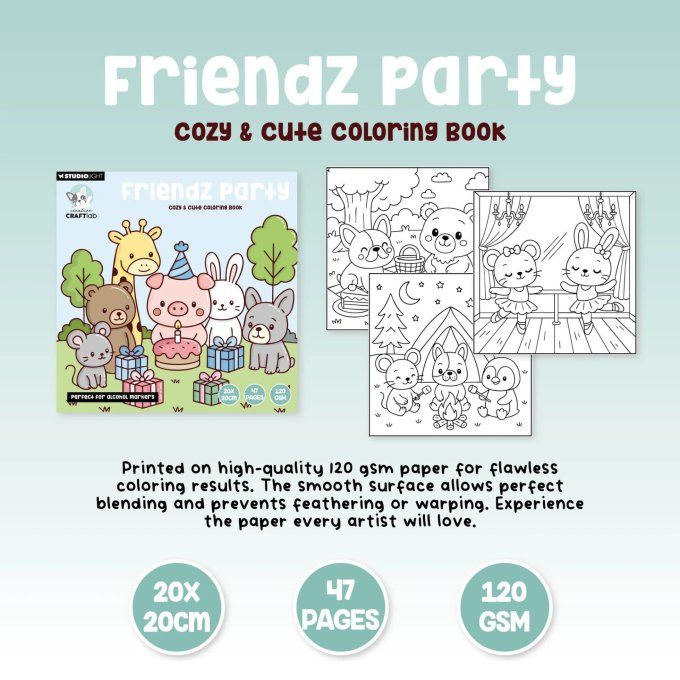 StudioLight - Cozy - Livre de coloriage, 47 pages, Friendz party - format 20x20cm