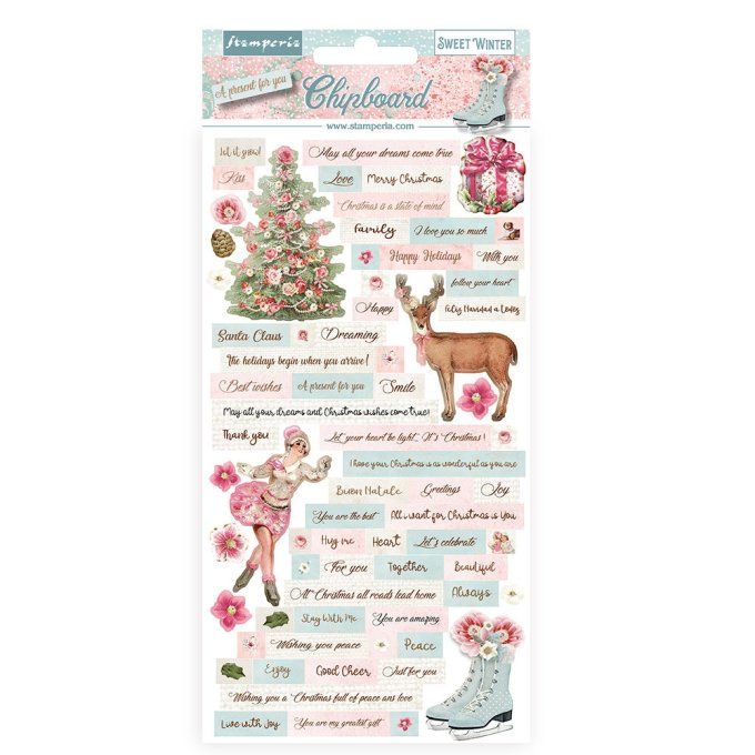 Chipboards adhésifs, collection : sweet winter - Stamperia - planche de 15x30cm