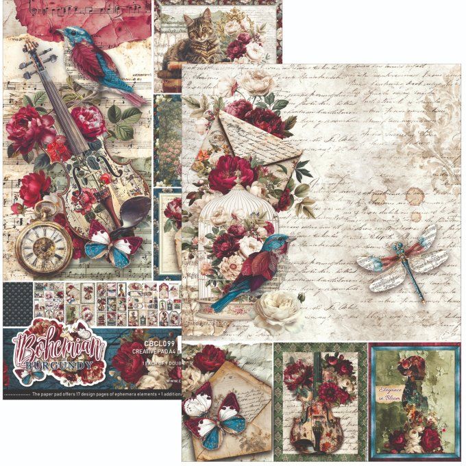 Ciao Bella, collection Bohemian burgundy - Format A4 - 9 feuilles - 190gsm