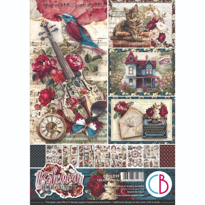 Ciao Bella, collection Bohemian burgundy - Format A4 - 9 feuilles - 190gsm