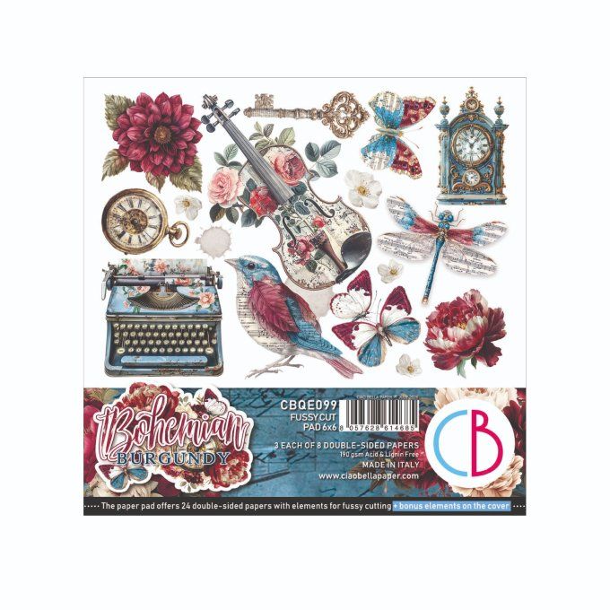 Ciao Bella, collection Bohemian burgundy - 15x15cm - 24 feuilles - éléments à découper