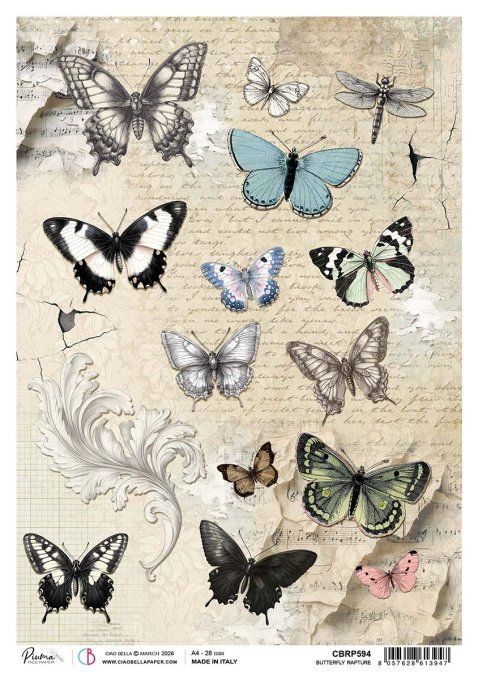 Feuille de riz, Butterfly Rapture, Ciao Bella - format A4 - à l'unité