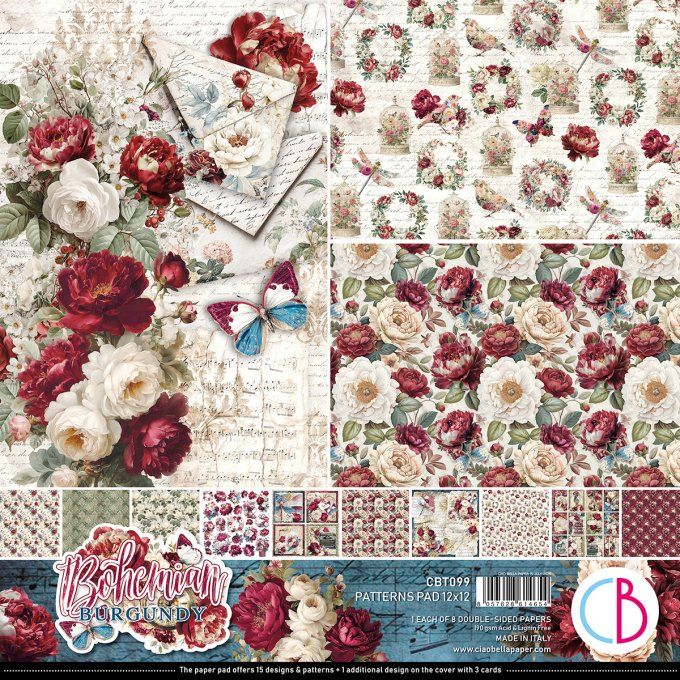Ciao Bella, collection Bohemian burgundy - Patterns - 30x30cm - 8 feuilles - 190gsm