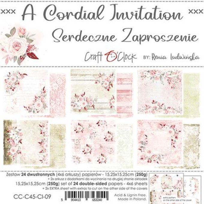 Ensemble de 24 feuilles, 15x15cm, collection : A cordial invitation  - Craft O Clock - 250g