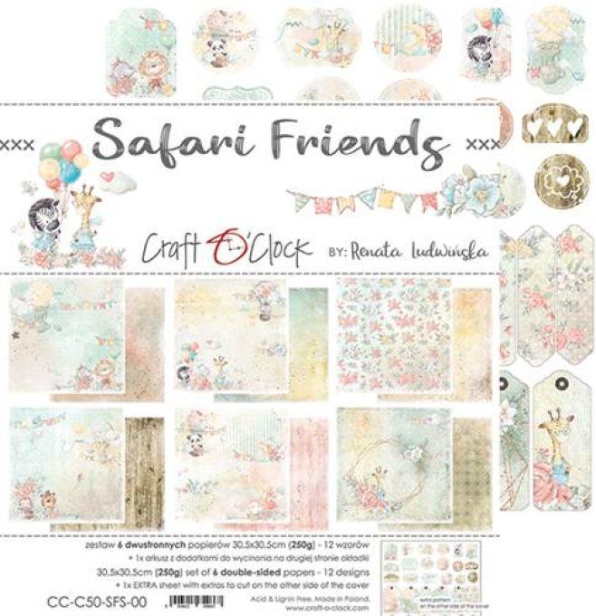 Ensemble de 6 feuilles, 30x30cm, collection : Safari friends - Craft O Clock - 250g