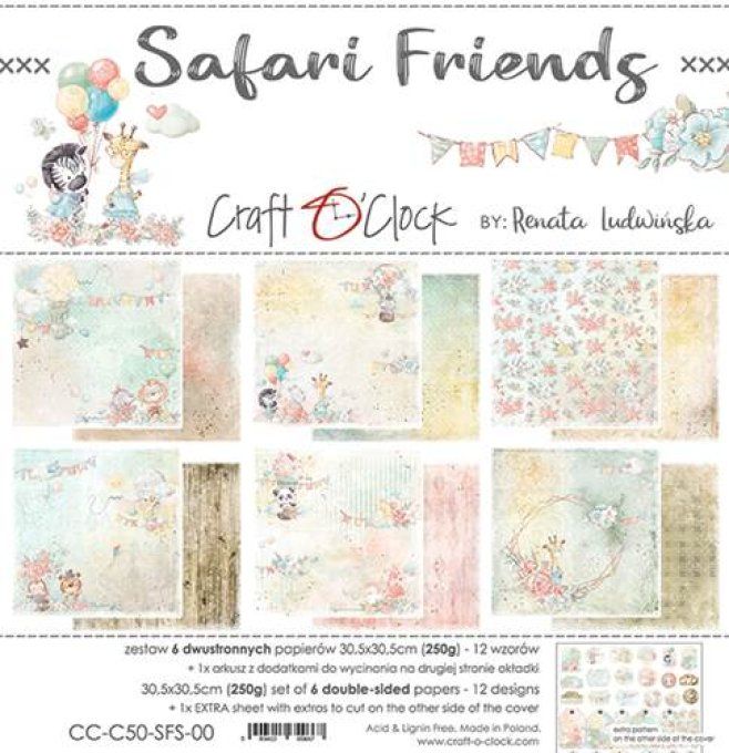 Ensemble de 6 feuilles, 30x30cm, collection : Safari friends - Craft O Clock - 250g