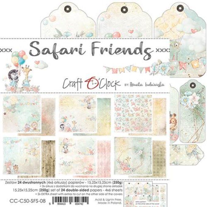 Ensemble de 24 feuilles, 15x15cm, collection : Safari friends - Craft O Clock - 250g