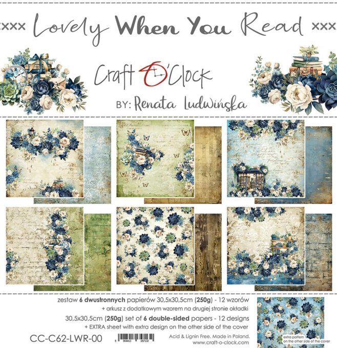 Ensemble de 6 feuilles, 30x30cm, collection : Lovely when you read - Craft O Clock, 250g