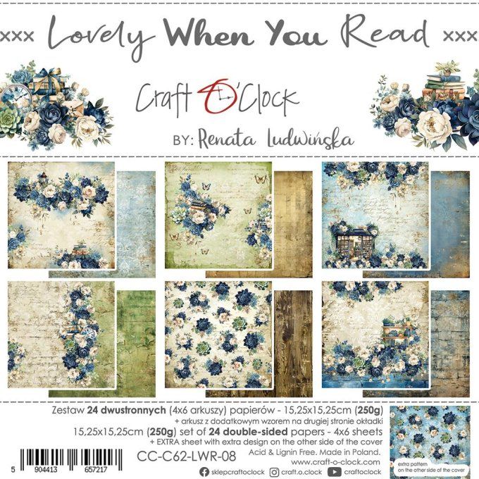 Ensemble de 24 feuilles, 15x15cm, collection : Lovely when you read - Craft O Clock, 250g