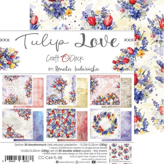 Ensemble de 24 feuilles, 15x15cm, collection : Tulip Love - Craft O Clock, 250g 