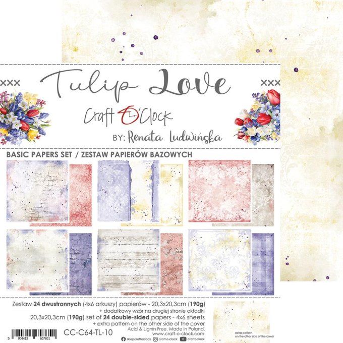 Ensemble de 24 feuilles, 20x20cm, collection : Tulip Love - Craft O Clock, 190g